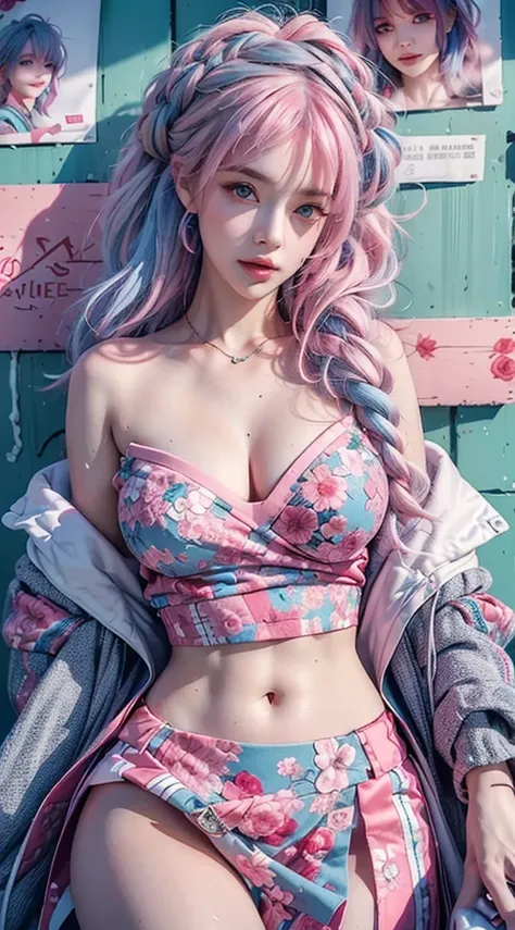 highly detailed, seductive erotic female is sweating,  covered in rose pedals, (busty, pink/blue hair), centered on the face, face focused, intricate eyes,