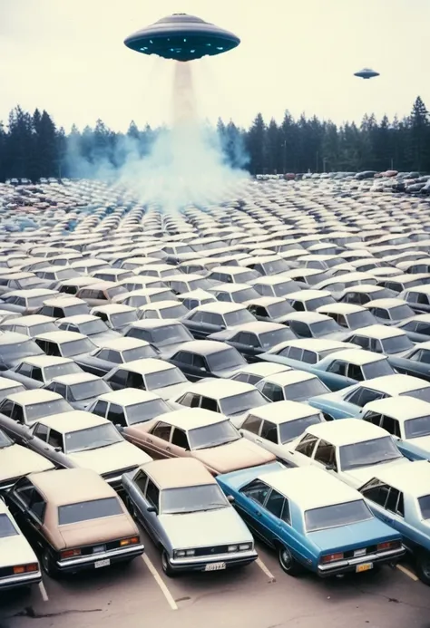 Black UFO crashed into the parking lot，Neatly arranged with many cars，Blurry Polaroid photo，Surreal Photography