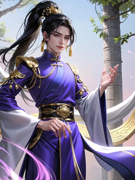 Young man in ancient Chinese clothing A handsome young man wearing a dark purple traditional Chinese costume. Contrasting with the pure white half mask His jet black hair was pulled back into a ponytail. Revealing a handsome face Beautiful purple eyes spar...