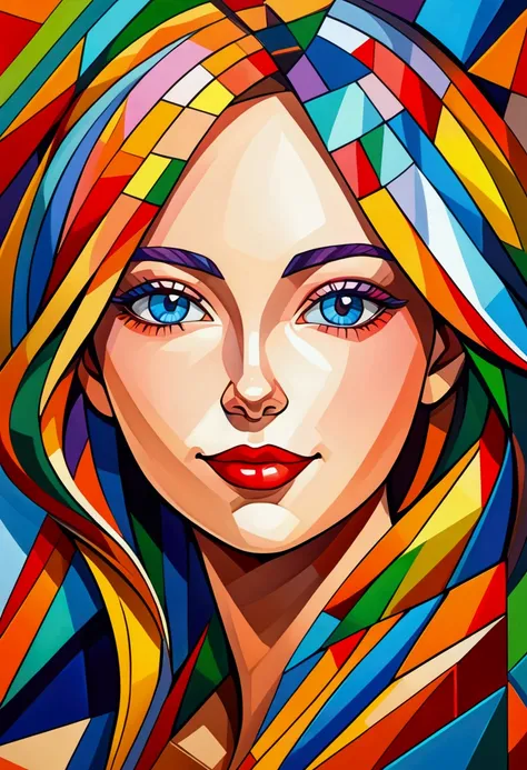 a scratch oil painting of beautiful girl with perfect face, (scratch:0.6) smile, vivid color, cubism style, perfect mix color, s...