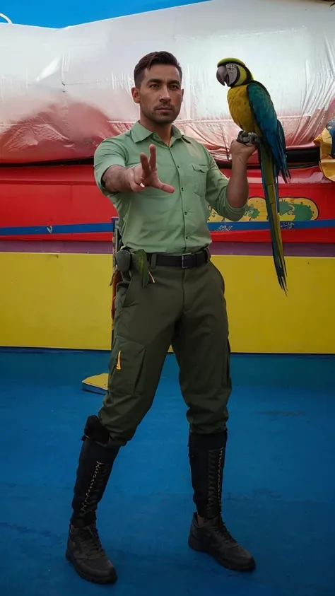 30 years old male  wearing sage shirt, and green army tactical trousers holding blue and gold macaw on his hand