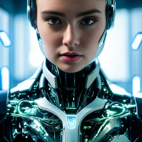 a woman with a futuristic headpiece and headphones, beutiful white girl cyborg, beutiful girl cyborg, cyborg - girl, cyborg girl, cute cyborg girl, portrait beautiful sci - fi girl, beautiful cyborg girl, young lady cyborg, perfect android girl, cyborg wom...