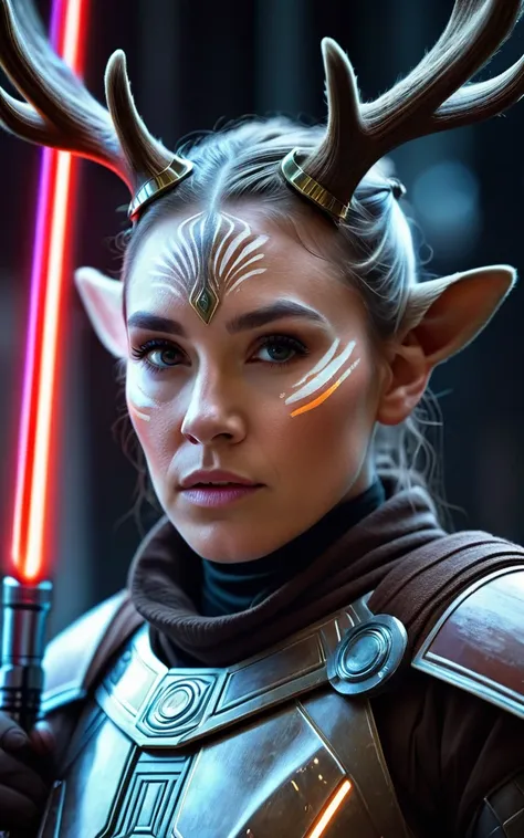 cinematic star wars, reindeer humanoid jedi knight, extremely detailed face and features, , intricate armor, glowing lightsaber, dramatic lighting, epic fantasy, muted color palette, cinematic composition, hyper realistic, 8k, high quality, masterpiece