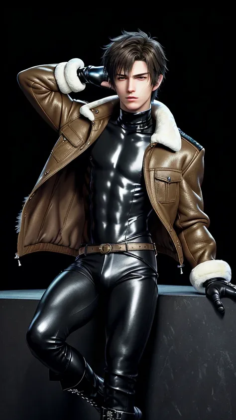 Final fantasy taste and reality graphics, Japanese young cute and cool ikemen  boy, his age is early 20s, thin eyebrows and beady eyes,  he wearing light brown color  very thick shearling jacket, jacket is no leather material and waist length, fur color is...