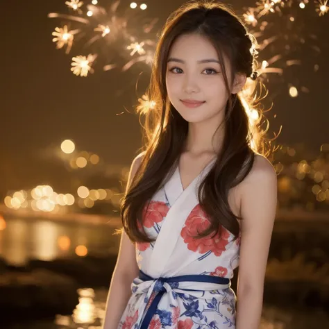 （「solo」Detailed and realistic portrait of a beautiful young Asian woman。She has long light brown hair and big light brown eyes.。）under the night sky、Put your hair up、A beautiful woman dressed elegantly in a vibrant yukata、The fireworks light softly illumin...