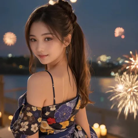 （「solo」Detailed and realistic portrait of a beautiful young Asian woman。She has long light brown hair and big light brown eyes.。）under the night sky、Put your hair up、A beautiful woman dressed elegantly in a vibrant yukata、The fireworks light softly illumin...