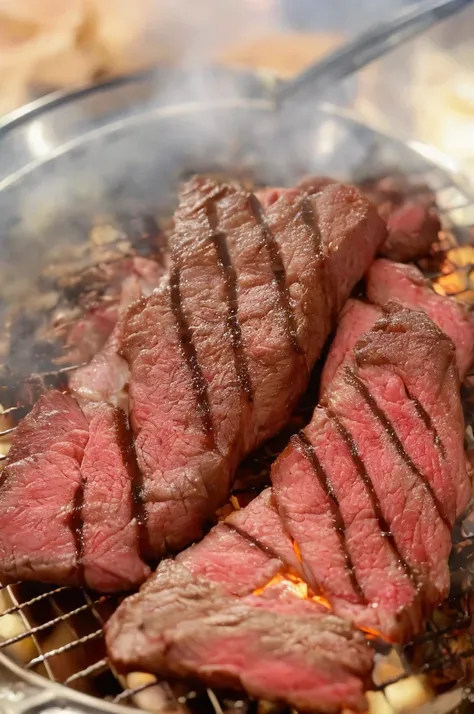 Freshly grilled steak cuts、Close-up、Overflowing meat juice、Hot steam、looks delicious、high resolution、Extremely detailed、Stab it with a fork and bring it closer to the camera、The surface of the meat is as shiny as glass.々It is reflected by。