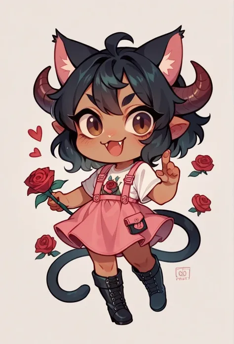 Chibi, beautiful woman, long wavy black hair, brown eyes, cat ears and tail, fangs, horns, with a red Rose in one Hand, clothing that consists of a pink dress-type jumpsuit, a short white T-shirt, and small black boots. 