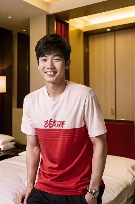 Korean man, Inspiration from Peng Yuyan, 23 years old, Korean muscular man ，Bedroom in a luxury hotel, behind a red T-shirt., open mouth smile