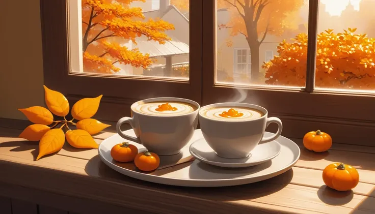 Create an image of a cozy autumn scene in the morning featuring a hot cup of coffee with slices of cake on a saucer, surrounded by bright orange leaves and tiny kumquats bathed in warm sunlight, all set against the backdrop of a wooden windowsill.