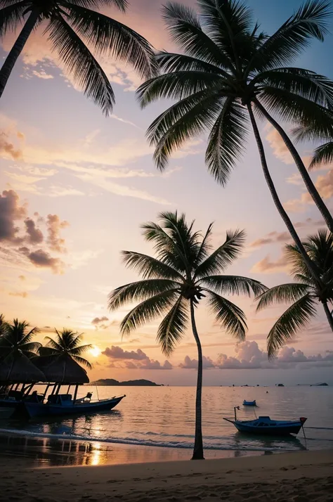 
make painting On the beach at dusk, several boats can be seen near the coconut trees. Describe the atmosphere by emphasizing coconut trees, boats, shapes, colors, interweaving and space.