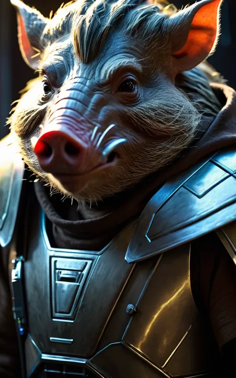 cinematic star wars, razorback boar humanoid jedi knight, extremely detailed face and features, , intricate armor, glowing lightsaber, dramatic lighting, epic fantasy, muted color palette, cinematic composition, hyper realistic, 8k, high quality, masterpie...