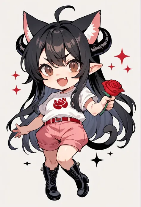 Chibi, beautiful woman, long wavy black hair, brown eyes, cat ears and tail, fangs, horns, with a red Rose in one Hand, clothing that consists of a pink dress-type jumpsuit, a short white T-shirt, and small black boots. accompanied by her black and white c...