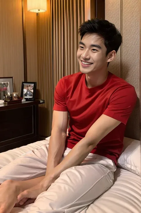 Korean man, Inspiration from Peng Yuyan, 23 years old, Korean muscular man ，Bedroom in a luxury hotel, behind a red T-shirt., open mouth smile