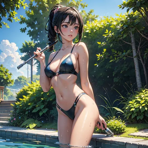 NSFW, sexy, erotic, Create an exceptionally detailed and richly depicted cute anthropomorphized girl representing the essence of summer, illustrated in a high-quality anime style. A young woman cleaning the poolside with a deck brush under the scorching su...