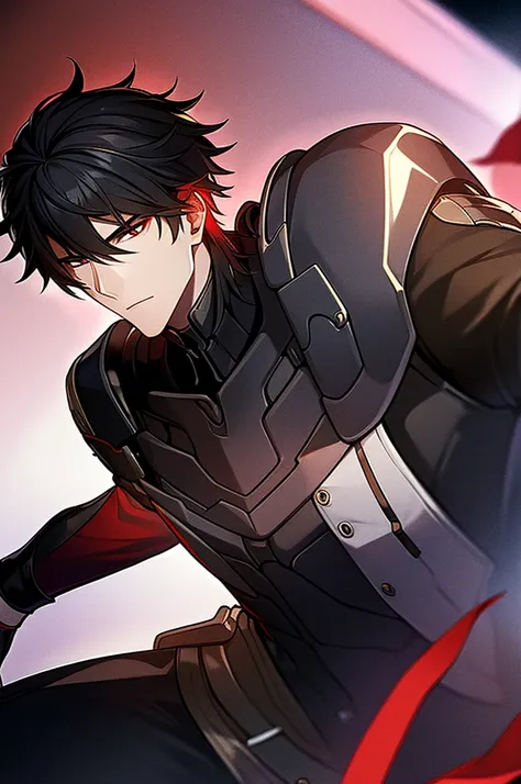 man with black hair, dark eyes and black armor with red details with a black rose. with the face of a handsome man (detailed in ...