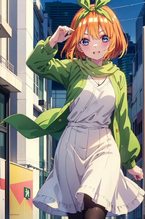 Yotsubanakano, Yotsuba Nakano, bangs, short hair, blue eyes, Hair between the eyes, hair ribbon, hair band, Orange Hair, (Green ribbon:1.5), smile, Grin,Green long coat,V-neck sweater,White scarf,Long skirt,Black pantyhose,It&#39;s snowing,Snow is piled up...