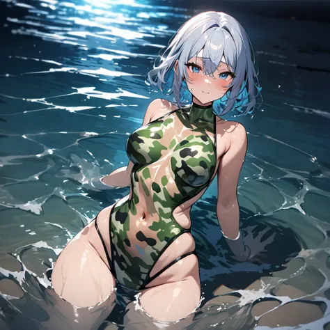 Top quality, masterpiece, female, optical camouflage swimsuit, transparent body, body made of water, sea, night
