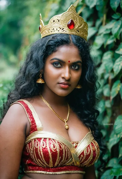 (((photo of a ancient kerala crowned temple goddess ))), (((black kali))) , (((Half Body))), (((very dark skin))), (((age 18+))), (((plus size chubby tall))), (((huge busty milky wet big massive boobs))), (((nude thick thigh))), (((ancient black mini skirt...