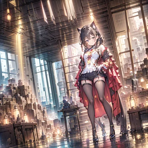 Blondeの少女,Cat ears,Blonde,,Red Dress,Long skirt,An attractive dress with a wide open back,Red elbow-length gloves,Illuminated by the moonlight,Shy smile,Castle rooftop,A fantastic atmosphere