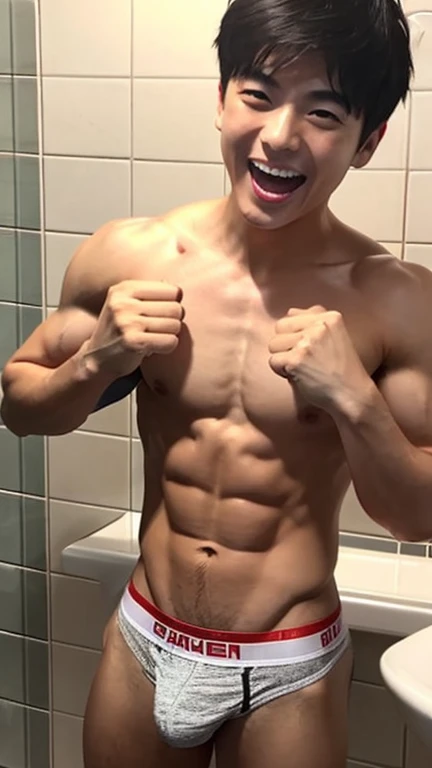 Japan boy、Well-developed muscles and smooth skin、Very short hair、Laugh with your mouth wide open、Fancy Briefs、Fist pump in the bathroom、Short、limbs are short、