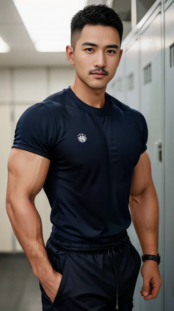 Masterpiece, best quality, high resolution, realistic, handsome, Take beautiful photos, Photo of the 35 year old gym association (The man has a thin mustache.) ,Full body, Portrait, Standing in the locker room, make military media, weight, Amazing , Buzzcu...