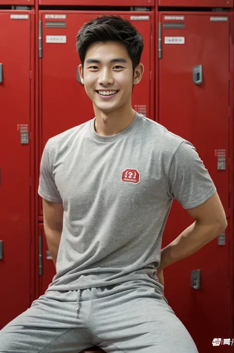 Korean man, Inspiration from Peng Yuyan, 23 years old, Korean muscular man ，The locker room is in the back. red t-shirt, open mouth smile