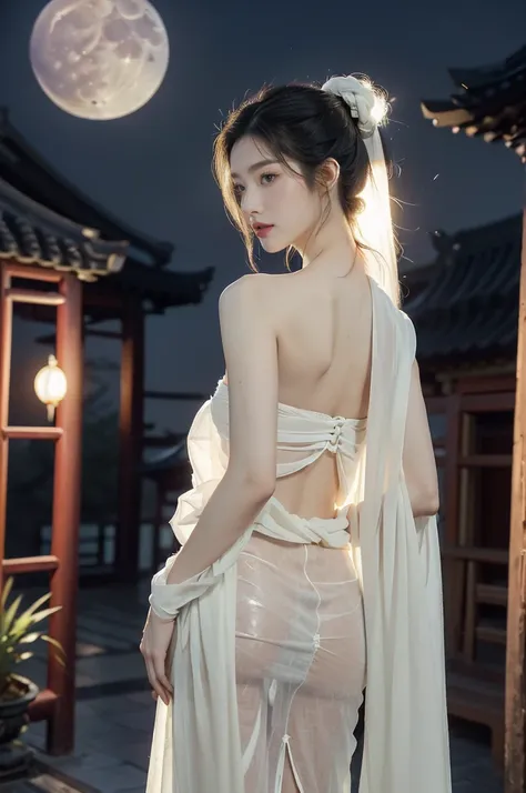 (((best quality))),(((ultra detailed))),(((masterpiece))),illustration,((1 beautiful girl,solo)),(short ponytail:1.2),((bright eyes,gentle smile)),((slim,thin)),((strapless,shoulder off,bare back,towering hips,butt crack)),(white see through sheer Hanfu:1....