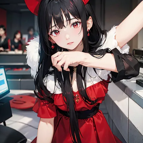 Black hair girl, red dress , masterpiece 