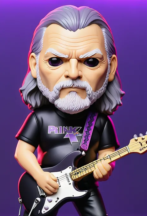 David Gilmour with white beard from Pink Floyd with The Black Strat Funko Pop with purple neon background, wearing all black.