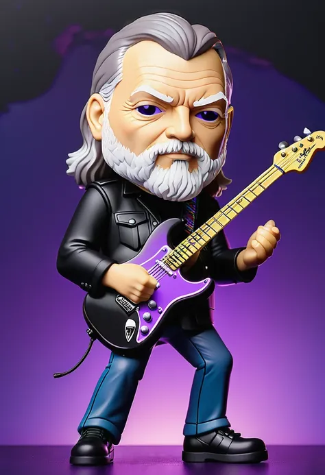 David Gilmour with white beard from Pink Floyd with The Black Strat Funko Pop with purple neon background, wearing all black.