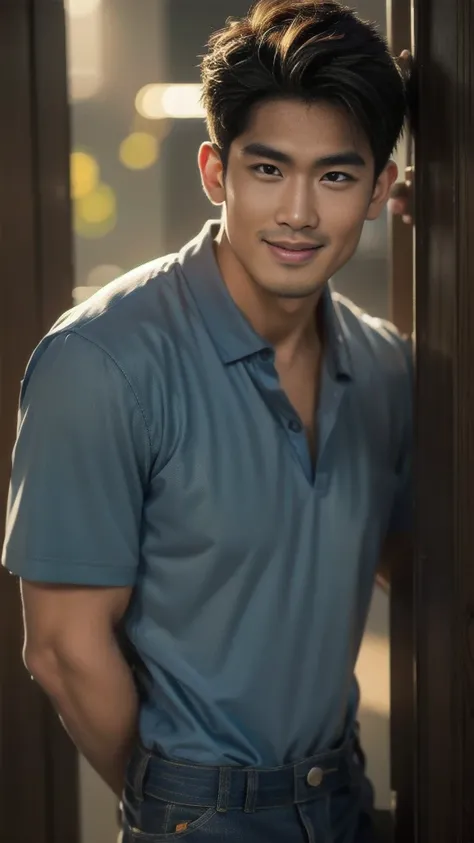 Natural light, realistic, Thai man, ทรงผมสั้น buzz cut, Handsome, muscular, big muscles, Broad shoulders, model,  Wearing a dark blue polo shirt and jeans, he stood and smiled. , outdoor outside