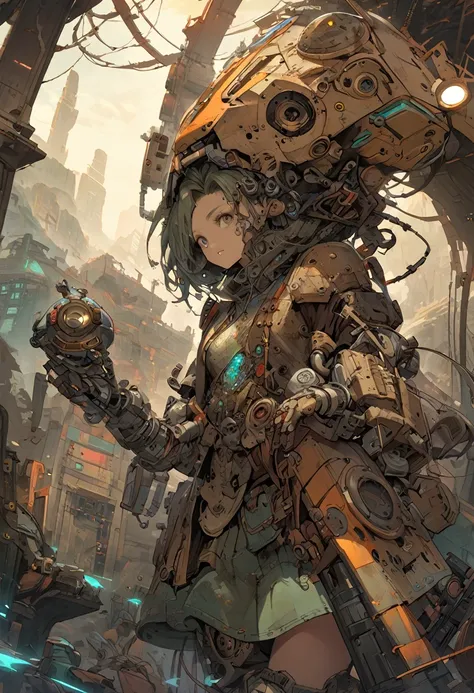 A weathered, eccentric droid girl mechanic with rivets and wires protruding from mismatched metal plates, an ancient mechanical arm adorned with makeshift tools, and a faded logo of a long-forgotten company etched on its chest. This compelling character co...