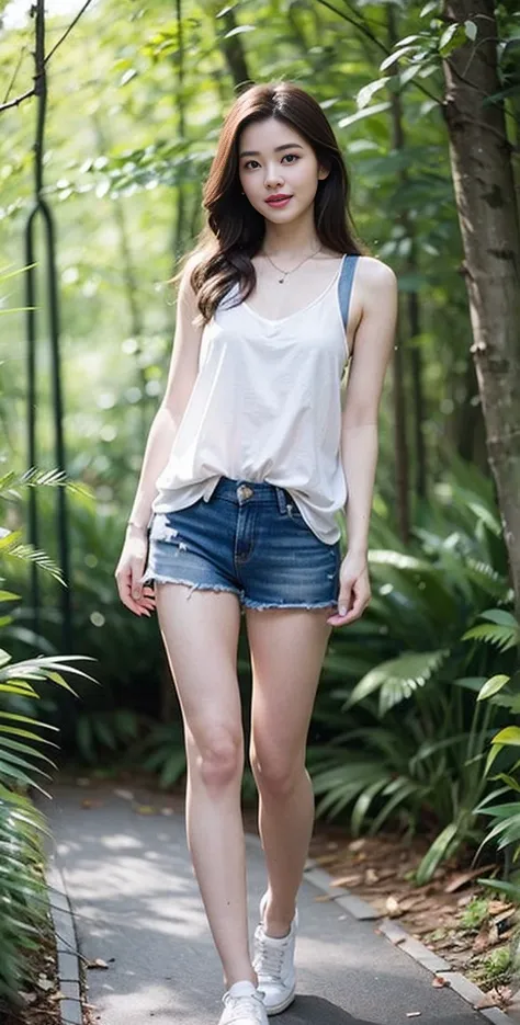 masterpiece, best quality, Surreal, Ultra Detailed, 8k resolution, RAW photos, Clear focus, (A girl in the forest), ((light gray shirt)), sleeveless, sports Shorts,, Solitary, Perfect body, Perfect body, Bangs to eyebrows、Beautiful brown hair、Beautiful and...