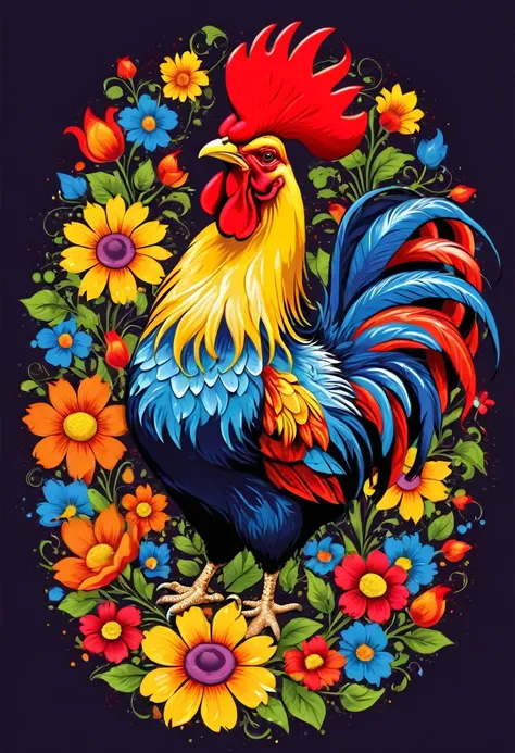 circular vector art with flowers, colorful barcelos rooster illustration in the center, paint splashes and stains, high detail, ...