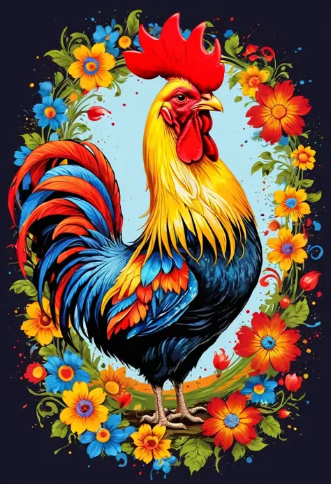 circular vector art with flowers, colorful barcelos rooster illustration in the center, paint splashes and stains, high detail, ...