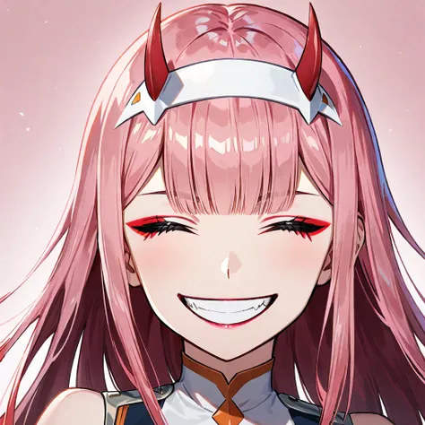 1girl, zero two (darling in the franxx), solo, pink hair, horns, smile, closed eyes, long hair, white hairband, grin, hairband, bangs, teeth, portrait, eyeshadow, oni horns, makeup, ((medium quality)), ((medium quality))