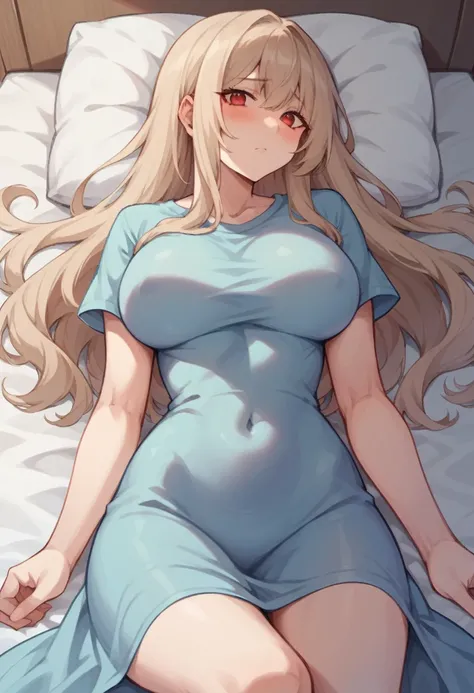 ((masterpiece)), (Highest quality), (detailed), (1 Girl),,Red eyes,Light brown hair、Long Hair、Wolf Ear、,bed、Large Breasts、blush、T-Shirts(tight)Maxi Dresses