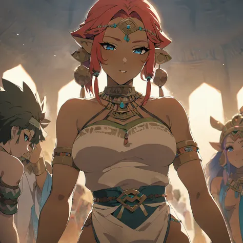 ((Highest quality)), ((masterpiece)), (detailed), （Perfect Face）、The woman is Queen Zelda of the Gerudo tribe, with red hair, blue eyes and brown skin.、The woman is wearing the sexy, see-through traditional costume of the Gerudo tribe.、She serves King Gano...