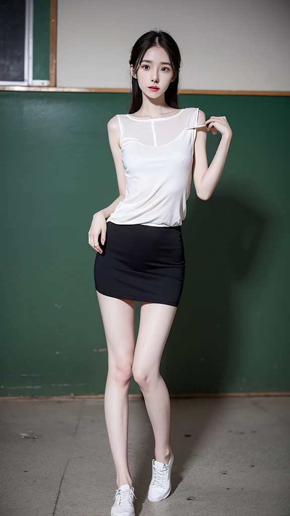 a female school teacher, very thin, pale white skin, visible bones, wet sweat, very slender body, full body