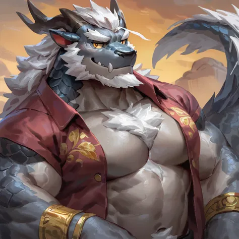 (artist: gamma_g, lindong, null-ghost, dangpa) 1male, sfw, eastern dragon, character design, bara, one fluffy tail, old man, fluffy mane, perfect eyes, grey body, white hair, background, solo, scales, detailed scales, golden decals, casual western clothes,...