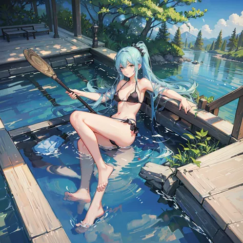 NSFW, sexy, erotic, Create an exceptionally detailed and richly depicted cute anthropomorphized girl representing the essence of summer, illustrated in a high-quality anime style. A young woman cleaning the poolside with a deck brush under the scorching su...