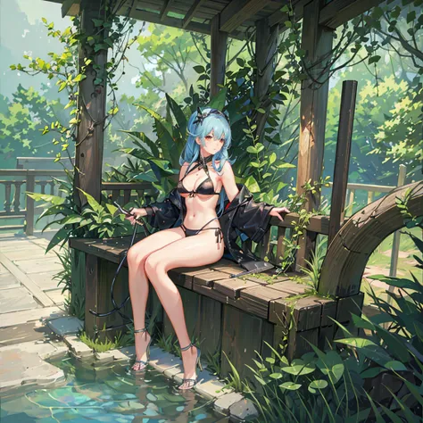 NSFW, sexy, erotic, Create an exceptionally detailed and richly depicted cute anthropomorphized girl representing the essence of summer, illustrated in a high-quality anime style. A young woman cleaning the poolside with a deck brush under the scorching su...