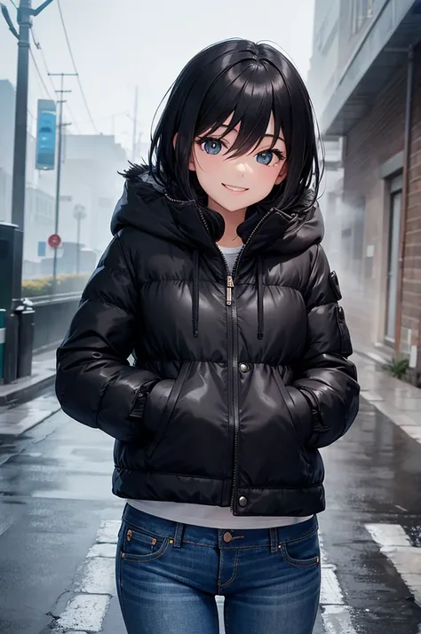 girl, jeans, black puffer jacket, foggy, street, smile, rain