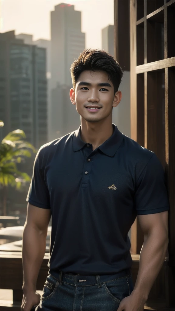 Natural light, realistic, Thai man, ทรงผมสั้น buzz cut, Handsome, muscular, big muscles, Broad shoulders, model,  Wear a tight polo shirt. dark blue jeans standing smiling , outdoor outside