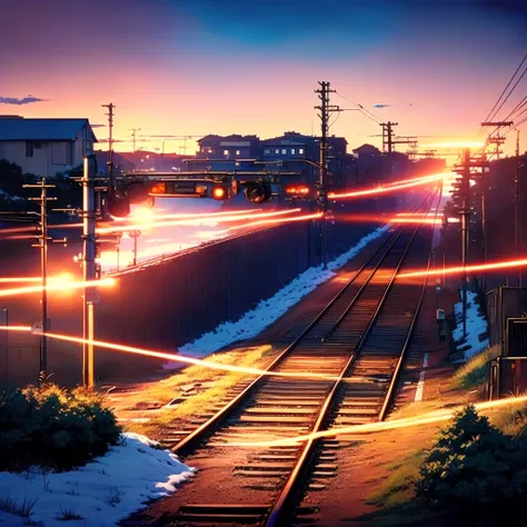 Anime Scenery of railroad tracks with railroad crossing lights and a train crossing, Anime Background art, Anime Background, 4k anime wallpaper, Anime countryside landscape, Anime Art Wallpapers 8K, Anime movie background, anime art wallpaper 4k, anime art...