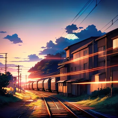 Anime Scenery of railroad tracks with railroad crossing lights and a train crossing, Anime Background art, Anime Background, 4k anime wallpaper, Anime countryside landscape, Anime Art Wallpapers 8K, Anime movie background, anime art wallpaper 4k, anime art...