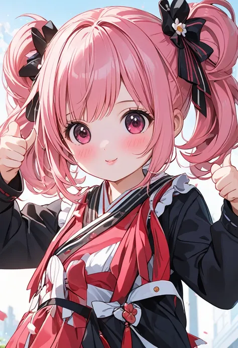 (Good job),(Thumbs up),(High school girl),(Anime style),(Cute),(Pink hair),(Japanese),(best quality:1.2),(master piece:1.2),(8k),(16k:1.2),(Illustration),(Best Quality:1.2),(Ultra-detailed:1.2),(top-quality:1.2),(​masterpiece:1.2)