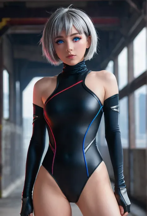 cyber punk edgerunners, One girl, Lucy (cyber punk), Bare shoulders, blue eyes, chest, leotard, View your viewers, medium chest, Off the shoulderジャケット, Off the shoulder, Red eyeliner, short hair, sleeveless turtleneck leotard, alone, turtleneck leotard, Gr...