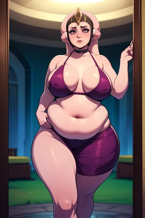 Twilek, 1woman, Magenta colored skin,  Magenta skin, Arabian dancer, chubby, curvy, two long blue lekku, embarrassed, overweight, fat belly, embarrassed about her weight, thick thighs, wide hips, large breasts, wide, rotund, two lekku. inside a palace.